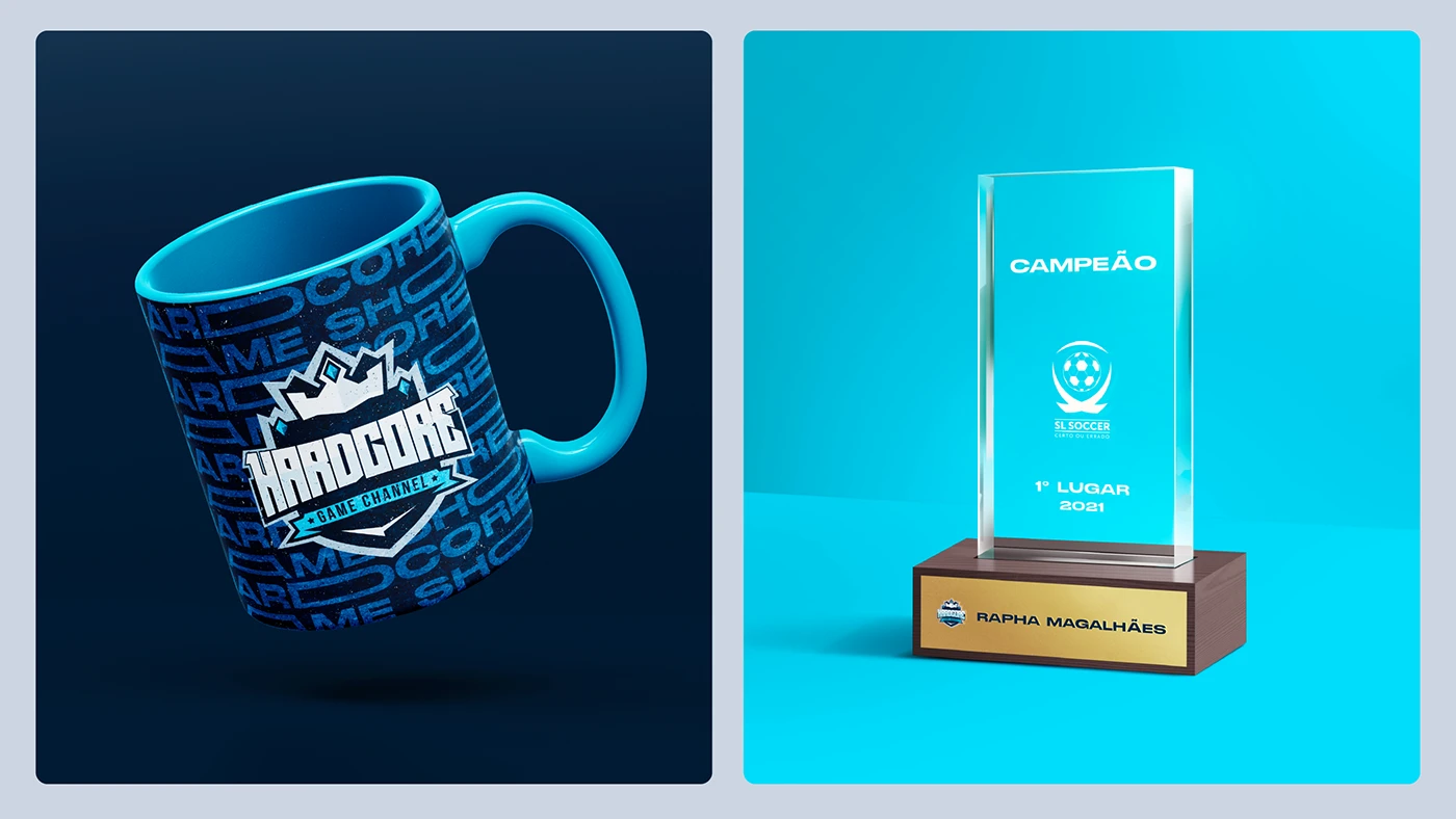 Caneca e troféu personalizados com a identidade do projeto
