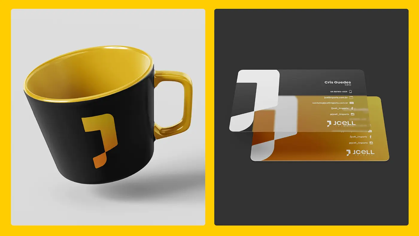 Caneca e cartões de visita da JCELL Imports