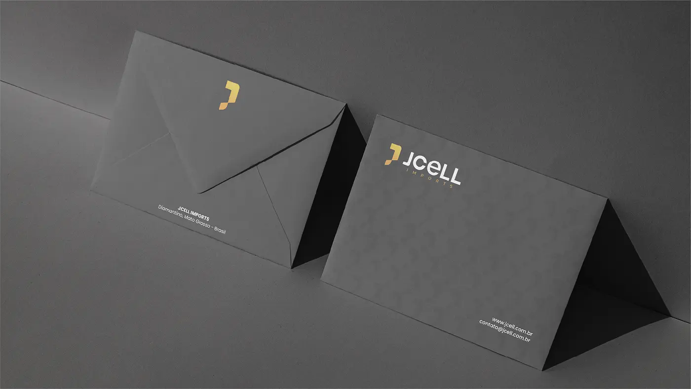Envelope e cartão institucional da JCELL Imports
