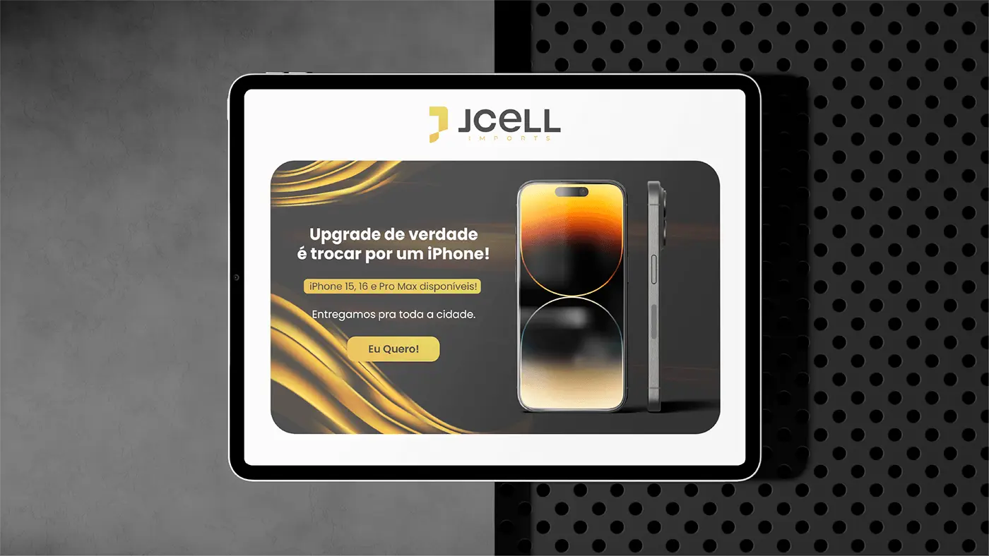 Anúncio da JCELL Imports em tablet